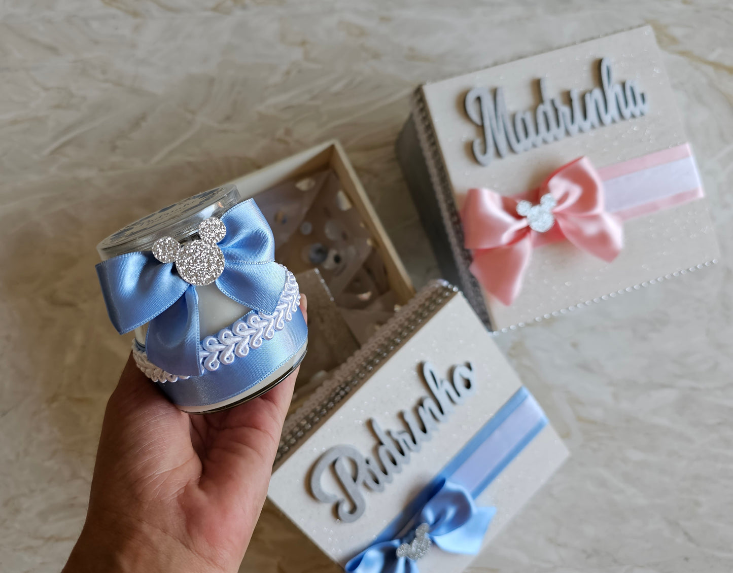 Caixas especiais Padrinhos azul e rosa