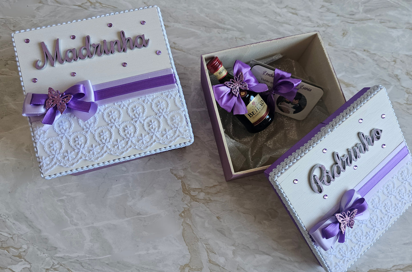 Caixas especiais Padrinhos roxo e Violeta