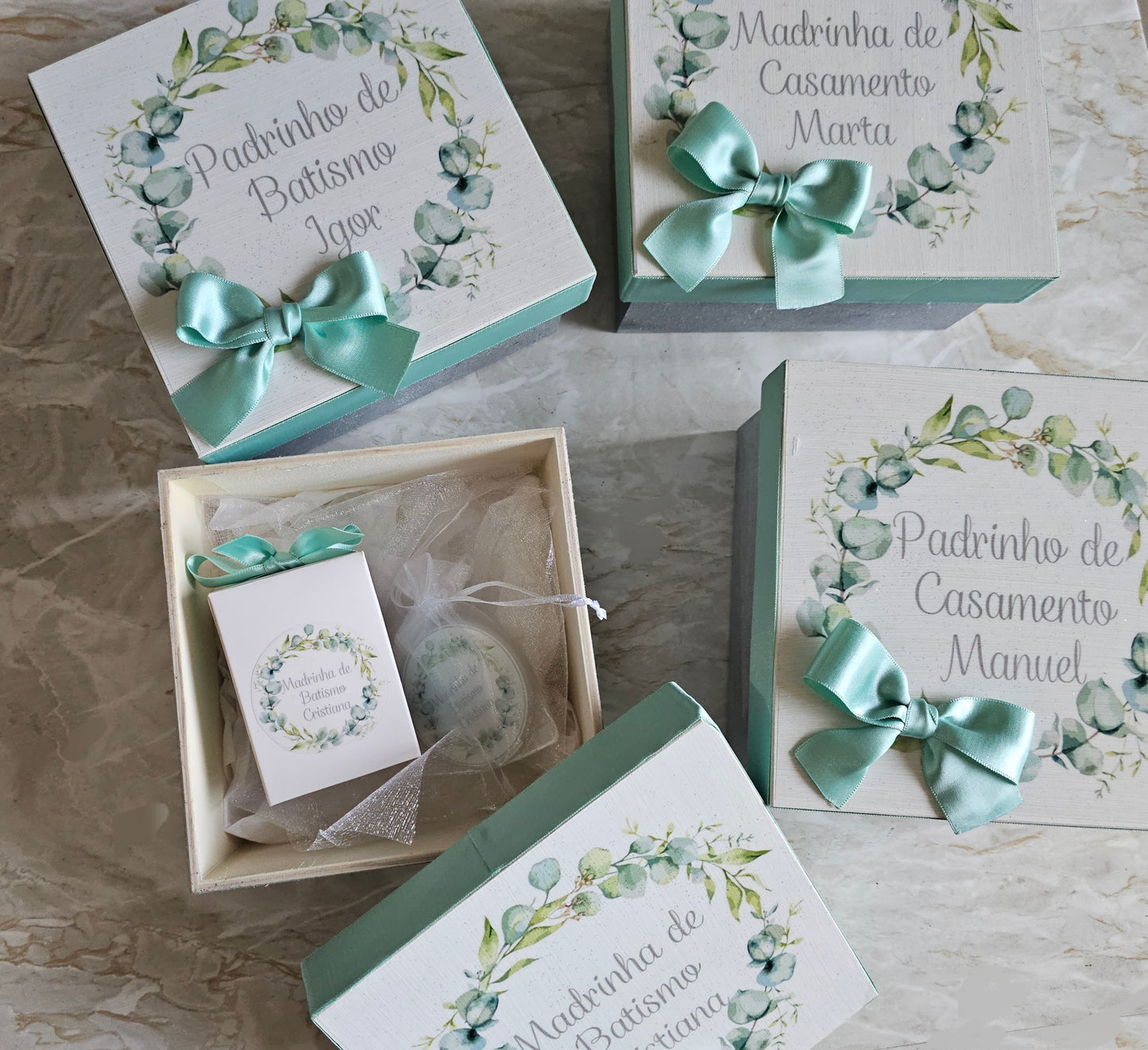 Caixas especiais Padrinhos tons de verde