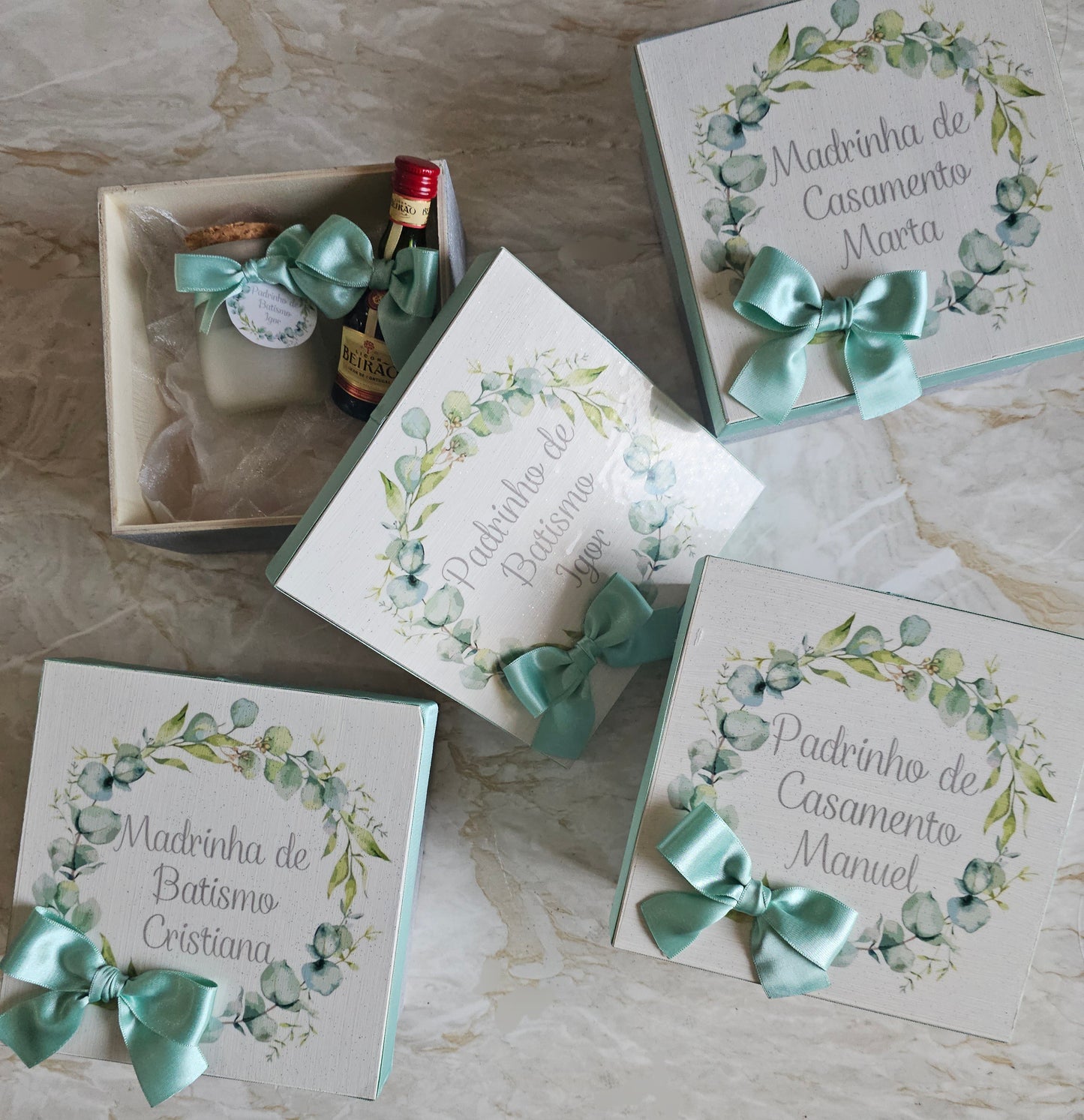 Caixas especiais Padrinhos tons de verde