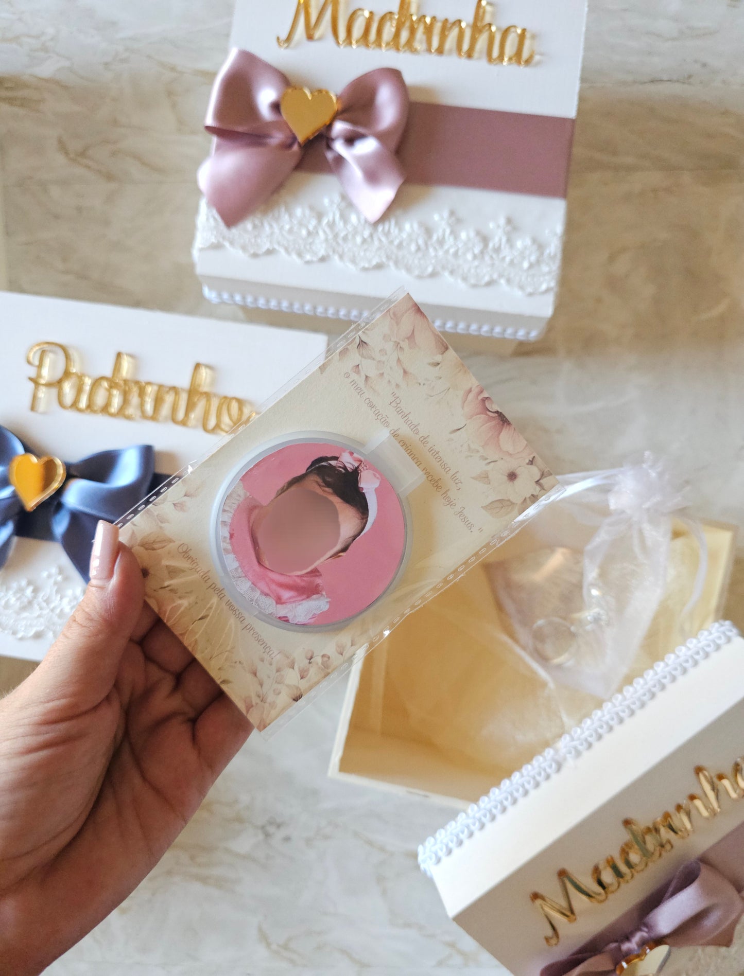 Caixas especiais Padrinhos "Acrílico dourado "