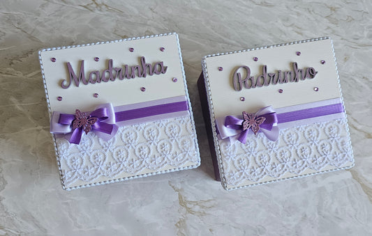 Caixas especiais Padrinhos roxo e Violeta