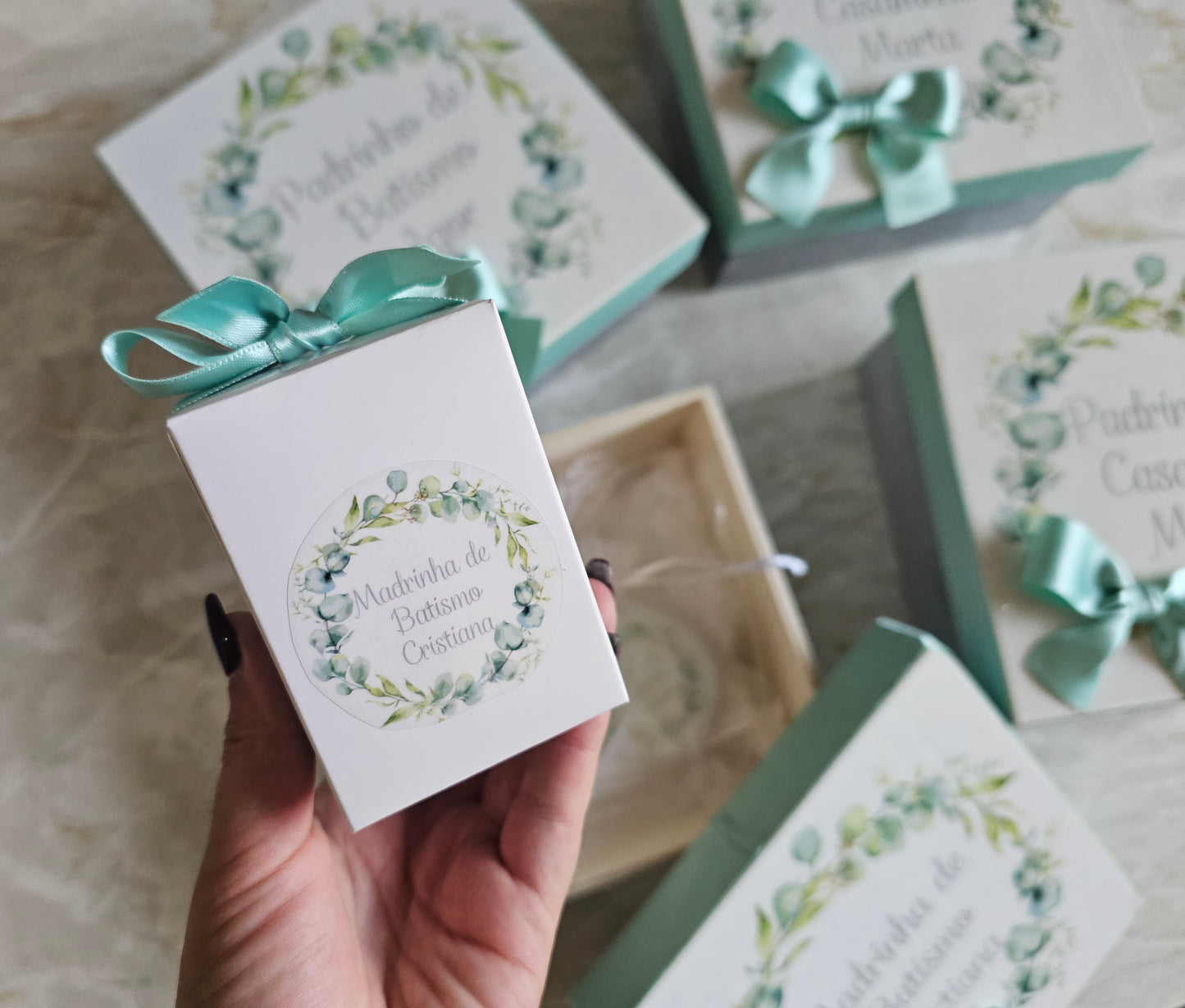 Caixas especiais Padrinhos tons de verde