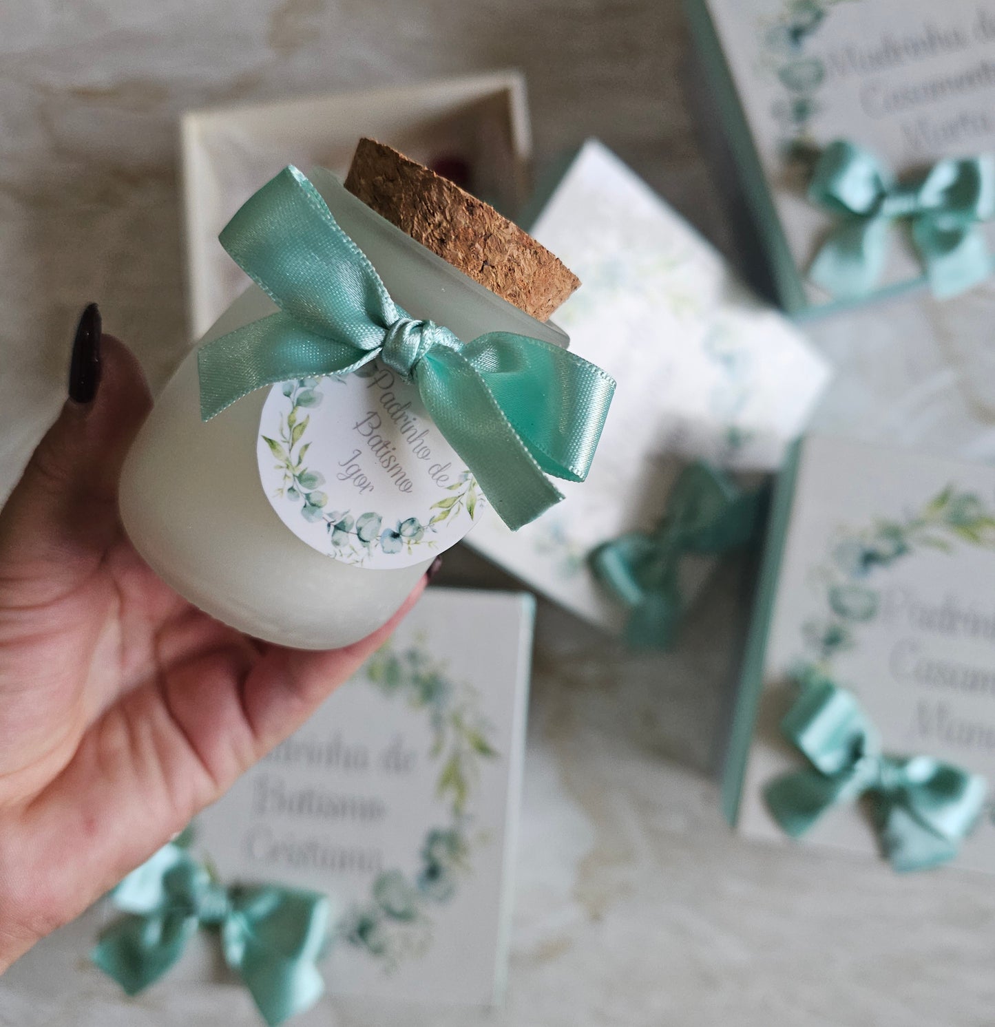 Caixas especiais Padrinhos tons de verde