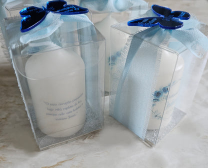 Vela personalizada floral azul em Caixa