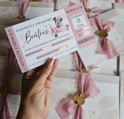 Convite cartão de embarque "Minnie"