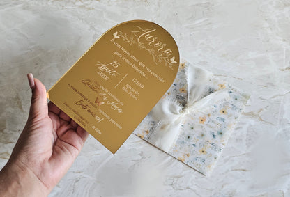 Convite personalizado em acrílico dourado "amarelo e verde"