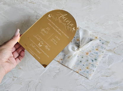 Convite personalizado em acrílico dourado "amarelo e verde"