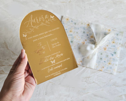 Convite personalizado em acrílico dourado "amarelo e verde"