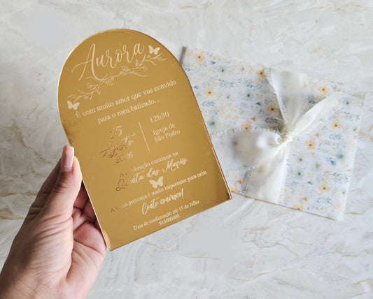 Convite personalizado em acrílico dourado "amarelo e verde"