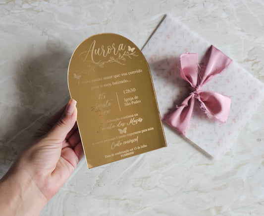Convite acrílico dourado espelhado "Rosa"