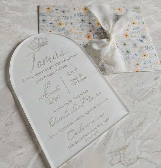 Convite acrílico branco translúcido "amarelo e verde"