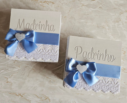 Caixas especiais Padrinhos c/aplicação ♡ em acrílico madrepérola branco