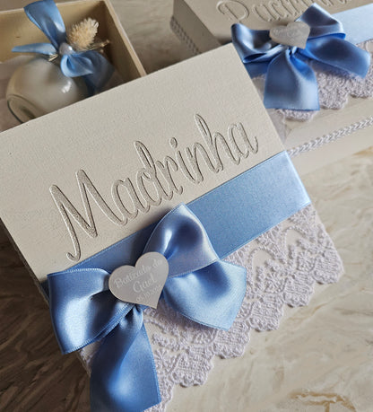 Caixas especiais Padrinhos c/aplicação ♡ em acrílico madrepérola branco